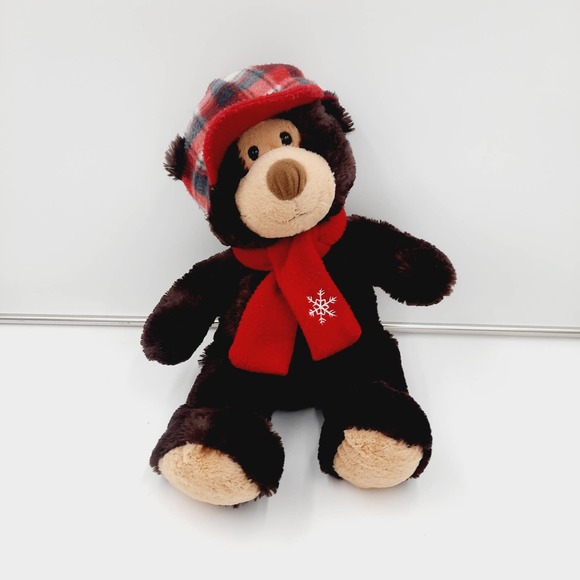 Hugfun International Brown Bear Plush Stuffed Animal Plaid Hat Red Scarf 19" - Picture 1 of 8